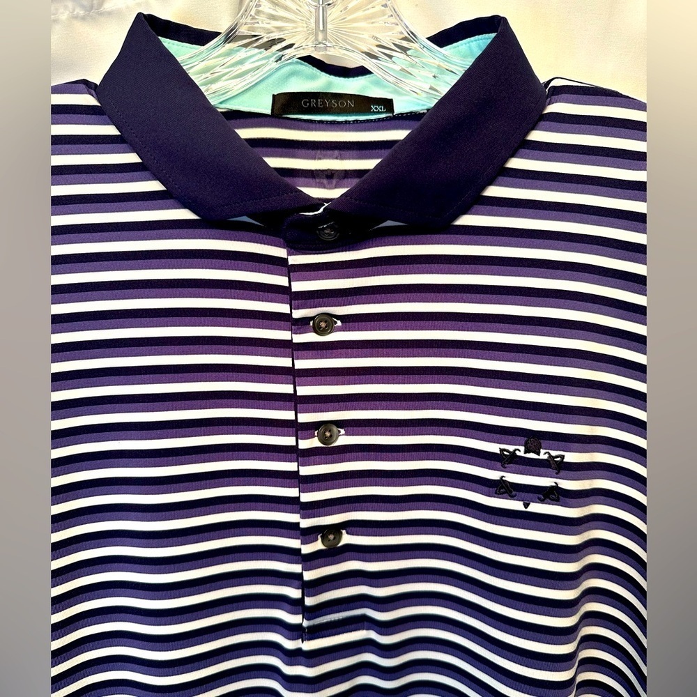 Greyson Hiawatha Men’s Polo Blue Purple White Horizontal Stripe Size 2XL Logo